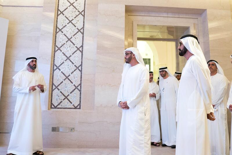 ABU DHABI, UNITED ARAB EMIRATES - November 10, 2019: HE Mohamed Mubarak Al Mazrouei, Undersecretary of the Crown Prince Court of Abu Dhabi (L) speaks with HH Sheikh Mohamed bin Rashid Al Maktoum, Vice-President, Prime Minister of the UAE, Ruler of Dubai and Minister of Defence (R) and HH Sheikh Mohamed bin Zayed Al Nahyan, Crown Prince of Abu Dhabi and Deputy Supreme Commander of the UAE Armed Forces (C), during the National Experts Program graduation ceremony, in the Vice President's wing at Qasr Al Watan.  

( Mohamed Al Hammadi / Ministry of Presidential Affairs )
---