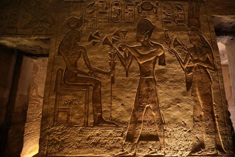 Hieroglyphs at the Great Temple of Abu Simbel, south of Aswan in upper Egypt.  AFP