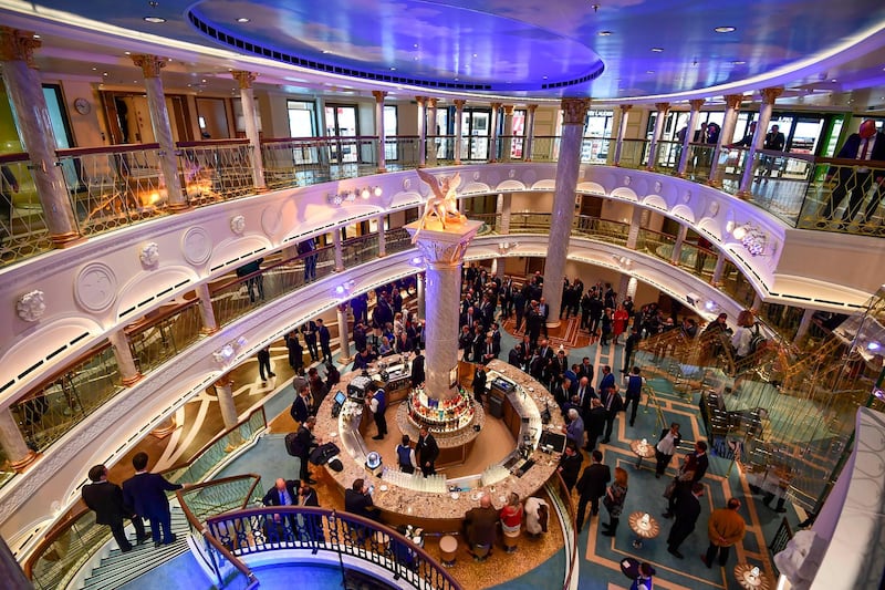 A picture taken on February 28, 2019 onboard the Costa Venezia cruise (Costa group) in Italian company Fincantieri's shipyard in Monfalcone shows a hall inspired by San Marco square.
 The Costa Cruises' Costa Venezia will be able to accommodate 5,260 Chinese tourists, who will travel between Shanghai and Japan. / AFP / Miguel MEDINA
