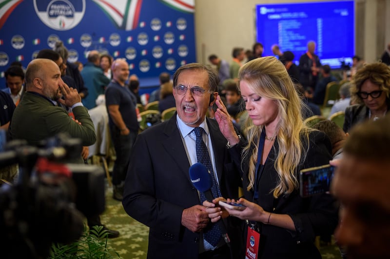 Ignazio La Russa from the Brothers of Italy talks to the media. Getty