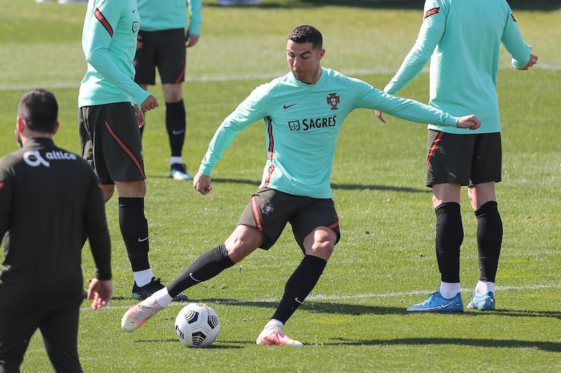 Cristiano Ronaldo, centre, during a training session in Turin. EPA