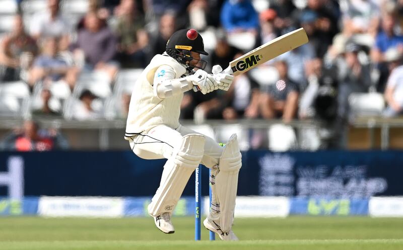 New Zealand batsman Devon Conway is hit on the helmet by England's Jamie Overton. Getty