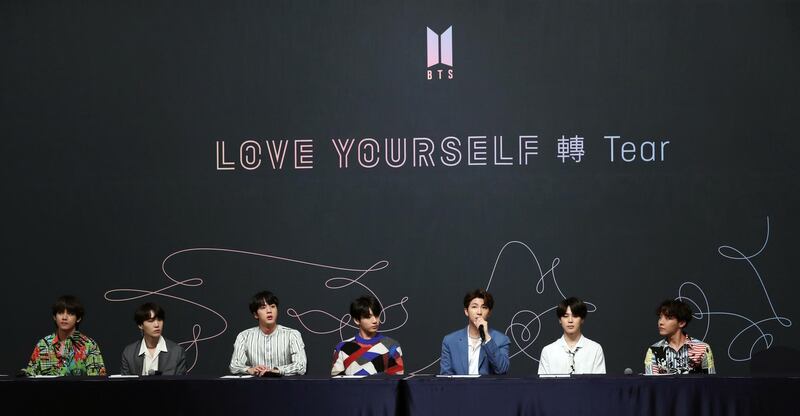 epa06758778 Members of K-pop boy group BTS, also known as the Bangtan Boys, hold a press conference in Seoul, South Korea, 24 May 2018, on the release of their third full-length album 'Love Yourself: Tear.'  EPA/YONHAP SOUTH KOREA OUT