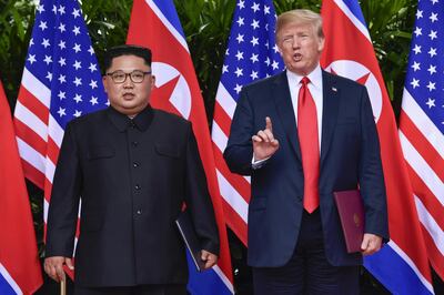 In this June 12, 2018, file photo, U.S. President Donald Trump makes a statement before saying goodbye to North Korea leader Kim Jong Un after their meetings at the Capella resort on Sentosa Island in Singapore. Trump focused his recent summit with North Korean leader Kim Jong Un on eliminating the regimeâ€™s nuclear weapons. But experts say he missed an opportunity to press North Korea on another pressing threat: its long record of dangerous cyberattacks against commercial and military targets in the U.S. and allied nations. (AP Photo/Susan Walsh,Pool)