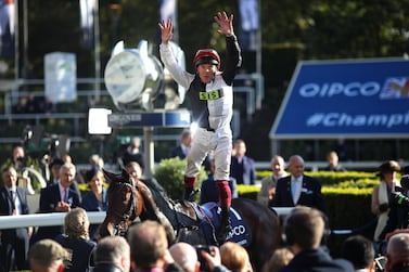 Frankie Dettori celebrates after he rides Star Catcher to win the Fillies & Mares Stakes during the British Champions Day at Ascot. Getty