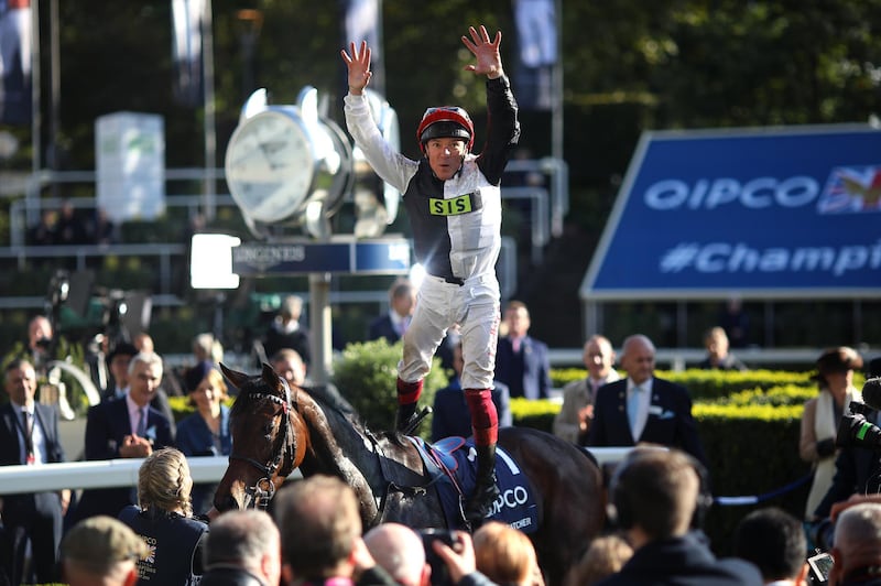 ASCOT, ENGLAND - OCTOBER 19: Frankie Dettori celebrates after he rides Star Catcher to win The QIPCO British Champions Fillies & Mares Stakes during the QIPCO British Champions Day at Ascot Racecourse on October 19, 2019 in Ascot, England. (Photo by Charlie Crowhurst/Getty Images)