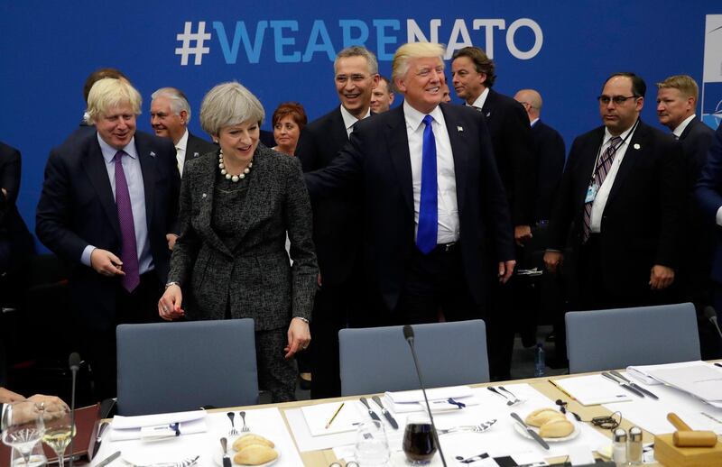 Theresa May during a working dinner meeting at the Nato headquarters in May 2017. AP Photo