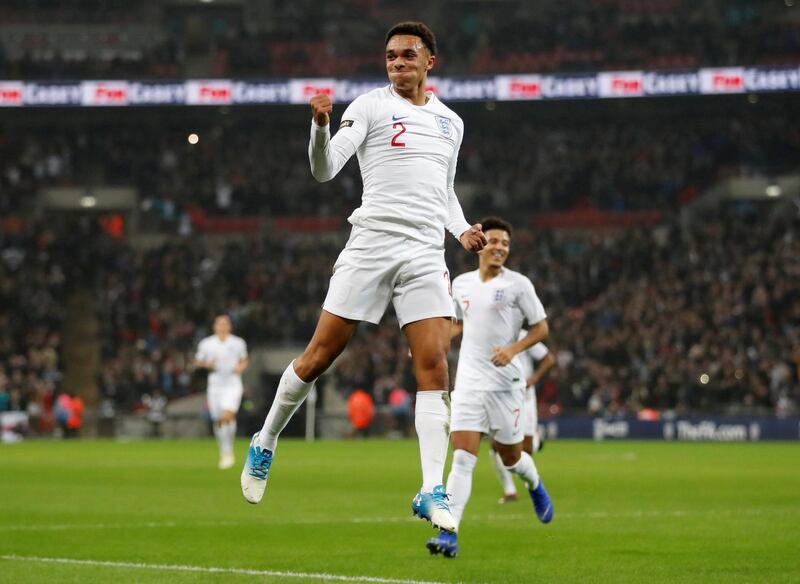 Right-back: Trent Alexander-Arnold (Liverpool) – After scoring his first England goal, pictured, against the USA, he showed his set-piece prowess to strike with a free kick at Vicarage Road for his club side on Saturday. Reuters