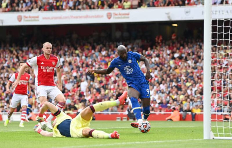 Chelsea striker Romelu Lukaku scores on his first game back at the Premier League club, following his transfer from Inter Milan, in their match against Arsenal at the Emirates Stadium on Sunday, August 22. Getty