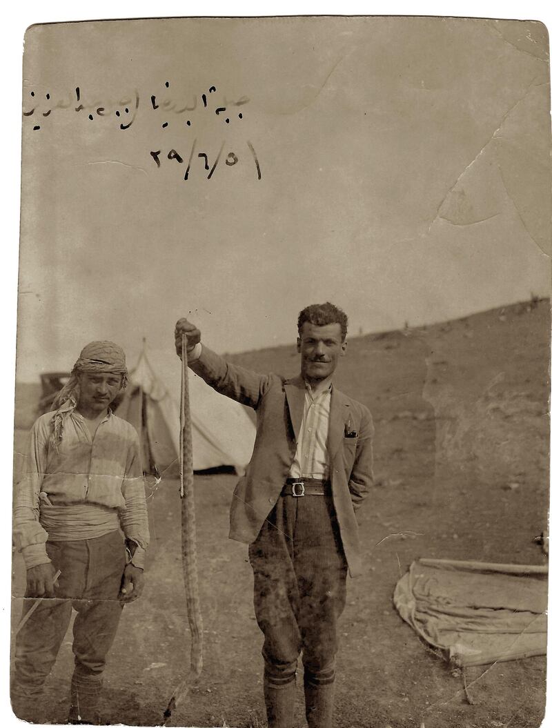 Lebanese artist Rayyane Tabet’s great-grandfather, Faek Borkhoche, right, was sent to spy on Max von Oppenheim, who uncovered 194 ancient reliefs in Syria, some of which are on display at Louvre Paris. Courtesy of Arlette Borkhoche Tabet 