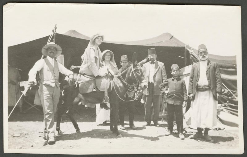 A group posing in front of a tent in Palestine, circa 1910s-1930s. Gail O'Keefe Edson. Courtesy of Akkasah Centre for Photography