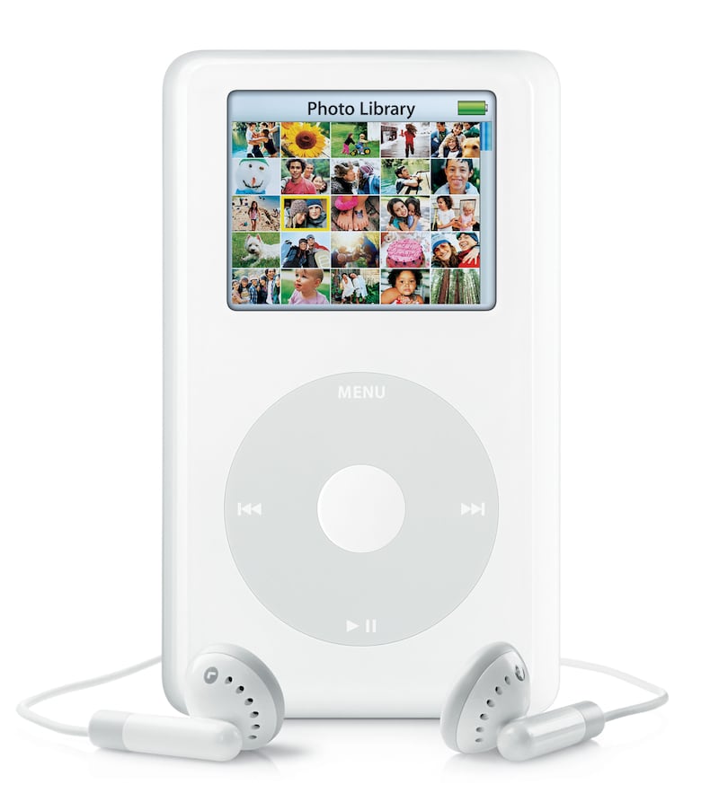 The Apple iPod 4th generation with a colour screen was released October 26, 2004. Album covers could be seen for the first time and the shuffle function was introduced. Photo: Apple
