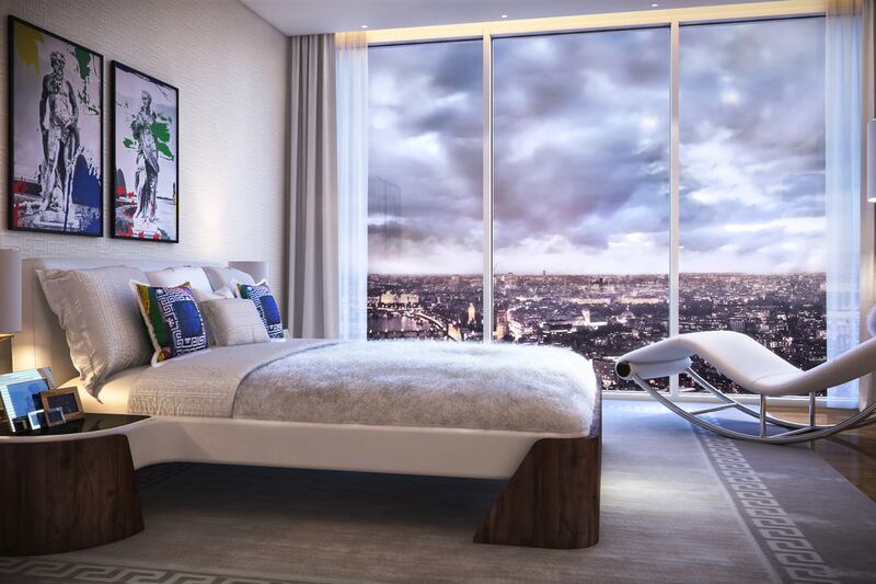 Floor-to-ceiling windows take advantage of the expansive London views at Damac’s Aykon Nine Elms development.