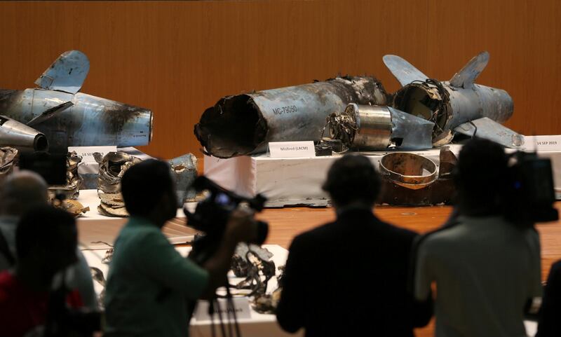 Remains of the missiles which were used to attack an Aramco oil facility are displayed during a news conference in Riyadh, Saudi Arabia September 18, 2019. Reuters