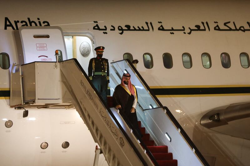 Prince Mohammed descends from the plane upon his arrival in Amman, Jordan. Reuters