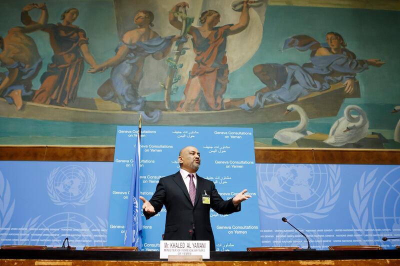 Yemen Foreign Minister Khaled al-Yamani speaks during a new press conference on the Geneva Consultations on Yemen, at the European headquarters of the United Nations in Geneva, Switzerland. EPA