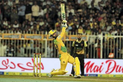 SHARJAH , UNITED ARAB EMIRATES , DEC 17  – 2017 :- Ahmed Shehzad of Pakhtoons team hitting a six during the 2nd semi-final against Punjabi Legends in the T10 Cricket League held at Sharjah Cricket Stadium in Sharjah.  (Pawan Singh / The National) Story by Paul Radley