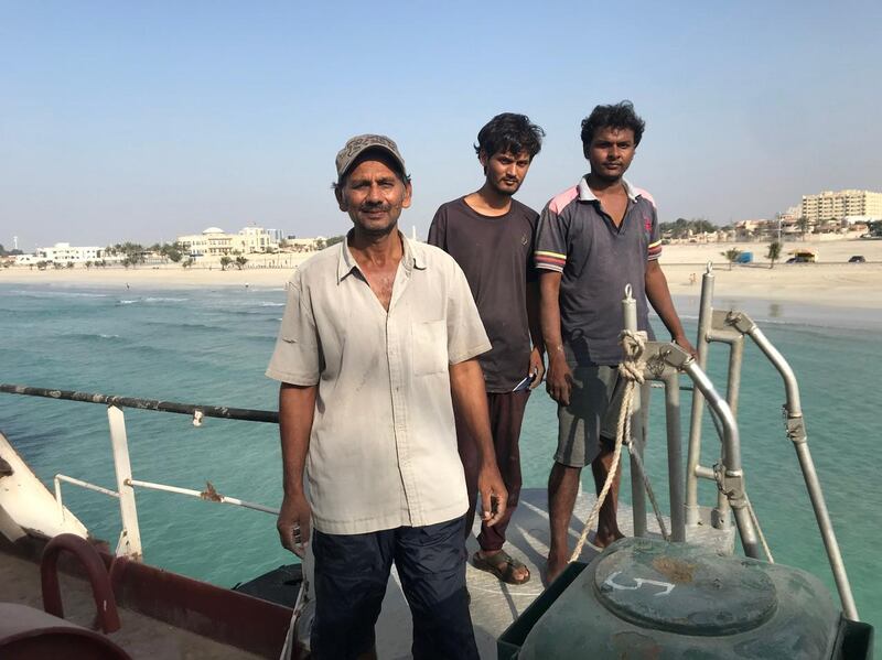 From left, second engineer Riasect Ali, 52, ordinary seamen Nirmal Singh-Bora, 22, and Monchand Sheikh, 26, on board the abandoned 'MT Iba'. Nick Webster 