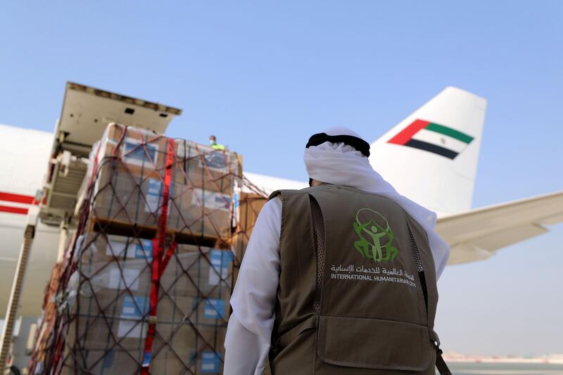 Dubai, United Arab Emirates - Reporter: Kelly Clarke. Aid is loaded up on a plane to Lebanon at Dubai airport to support Beirut after the explosion. Wednesday, August 5th, 2020. Dubai. Chris Whiteoak / The National