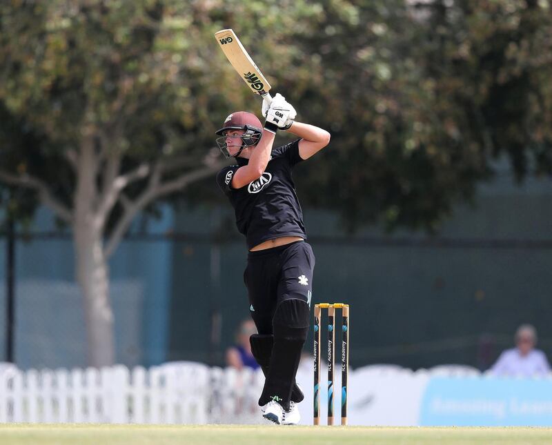 Dubai, United Arab Emirates - March 21, 2019: Surrey's Will Jacks bats in a T10 game against Lancashire. Thursday the 21st of March 2019 ICC Academy, Dubai. Chris Whiteoak / The National