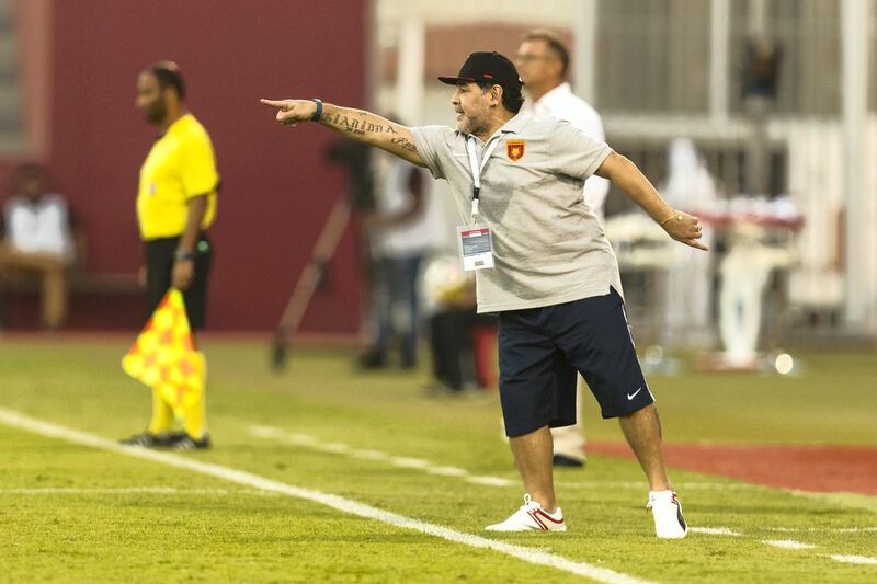 Fujairah, United Arab Emirates, November 4, 2017:    Diego Maradona, head coach of Fujairah football club, gestures while playing against Al Orouda during their UAE first division regular season match at the Fujairah stadium in Fujairah on November 4, 2017. Christopher Pike / The National

Reporter: John McAuley
Section: Sport