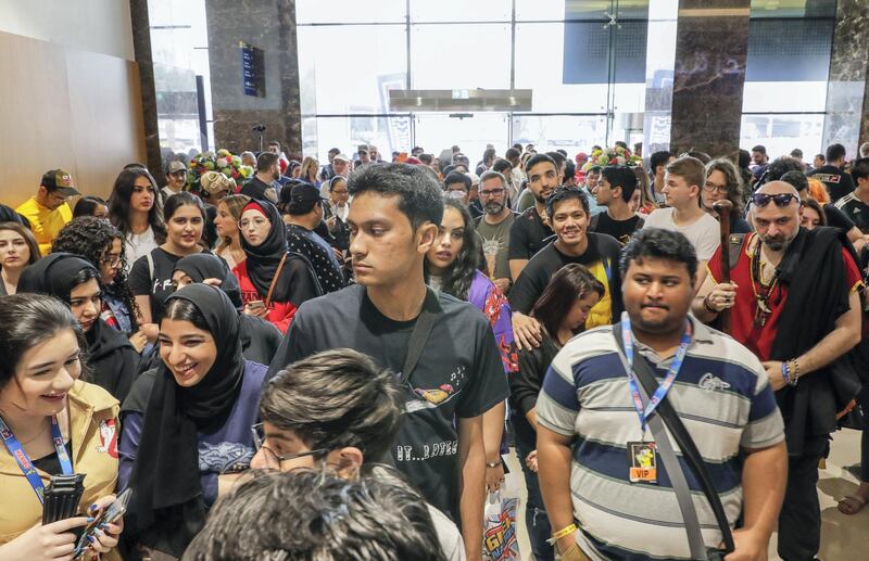 Dubai, April 12,2019.   MEFCC day 2- "Early Bird" Comic Con fans line up at the entrance.Victor Besa/The National.Section:  AcReporter:  Chris Newbould