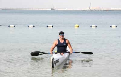 Abu Dhabi, United Arab Emirates - Mike Ballard paralyzed waist down after a rugby incident in 2014 preparing for his trails to kayak for team USA in Paralympic Games next year, January 25, 2018. Khushnum Bhandari for The National
