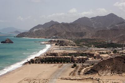 FUJAIRAH, UNITED ARAB EMIRATES - JUNE 2:  A view of the sea and mountains from Le Meridien Al Aqah Beach Resort in Fujairah on June 2, 2010.  (Randi Sokoloff / The National)  For Business story by Armina/Rebecca and/or stock

