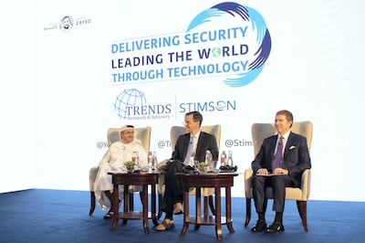 From left, Dr Ahmed Al Hamli, founder and president of Trends Research and Advisory, Brian Finlay, president and CEO of the Stimson Center and Ambassador&nbsp;Lincoln Bloomfield, chairman emeritus and a distinguished fellow with Stimson, at the launch of the UAE Energy Diplomacy report in Abu Dhabi. Courtesy: TRENDS Research and Advisory