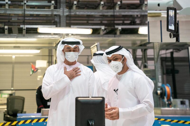 AL AIN, ABU DHABI, UNITED ARAB EMIRATES - June 24, 2020: HH Sheikh Mohamed bin Zayed Al Nahyan, Crown Prince of Abu Dhabi and Deputy Supreme Commander of the UAE Armed Forces (L) visits Strata Manufacturing PJSC, at Al Ain International airport.

( Eissa Al Hammadi for the Ministry of Presidential Affairs )
---