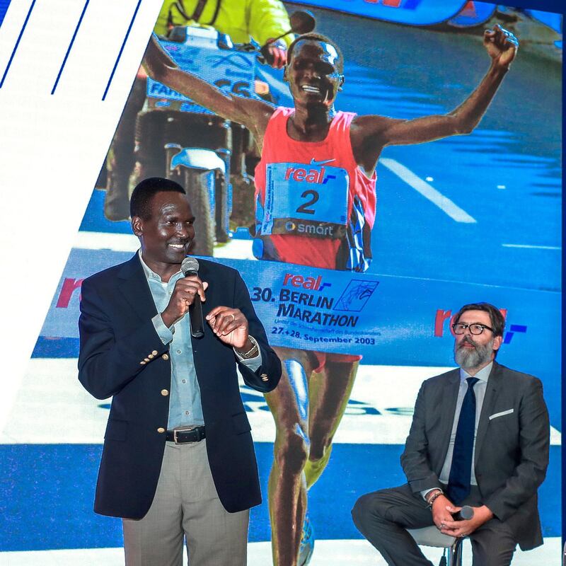 Abu Dhabi, U.A.E., September 19, 2018.  
Abu Dhabi Adnoc marathon. 
Press conference to unveil the route for the inaugural Abu Dhabi Adnoc marathon. ---- (L-R)  Kenyan world record holder for marathons Paul Tergat and Andrea Trabuio, Mas Events Director, RCS Sport during the press conference.
Victor Besa / The National
Section:  SP
Reporter:  Amith Passela