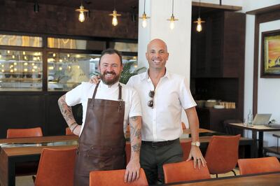 DUBAI, UNITED ARAB EMIRATES , October 7 – 2020 :-  Left to Right – Troy Payne, executive chef and Sergio Lopez, founder at the Pangolin restaurant in The Els Club at Dubai Sports City in Dubai. (Pawan Singh / The National) For Lifestyle. Story by Janice