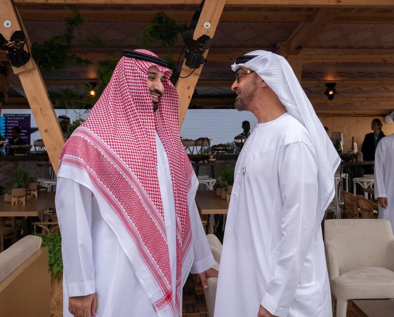 RIYADH, SAUDI ARABIA - December 15, 2018: HH Sheikh Mohamed bin Zayed Al Nahyan, Crown Prince of Abu Dhabi and Deputy Supreme Commander of the UAE Armed Forces (R) and HRH Prince Mohamed bin Salman bin Abdulaziz, Crown Prince, Deputy Prime Minister and Minister of Defence of Saudi Arabia (L), attend the final day of the 2018 Formula E Saudi Ad Diriyah E-prix.

( Mohamed Al Hammadi / Ministry of Presidential Affairs )
---