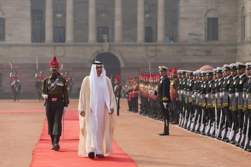 Sheikh Mohammed bin Zayed, Crown Prince of Abu Dhabi and Deputy Supreme Commander of the Armed Forces, inspects an Indian guard of honour during the official reception at Rashtrapati Bhavan on February 11, 2016. Philip Cheung / Crown Prince Court — Abu Dhabi