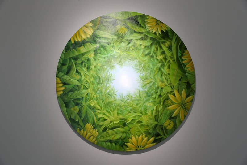 Guevara's circular canvasses blend the designs found in nature with those in mandalas
