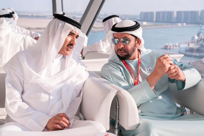 YAS ISLAND, ABU DHABI, UNITED ARAB EMIRATES - December 01, 2019: HE Ahmed Juma Al Zaabi, UAE Deputy Minister of Presidential Affairs (L) and HH Sheikh Hamdan bin Zayed Al Nahyan, Ruler’s Representative in Al Dhafra Region (R), attend the final day of the 2019 Formula 1 Etihad Airways Abu Dhabi Grand Prix, at Shams Tower.

( Hamad Al Kaabi  / Ministry of Presidential Affairs )
---