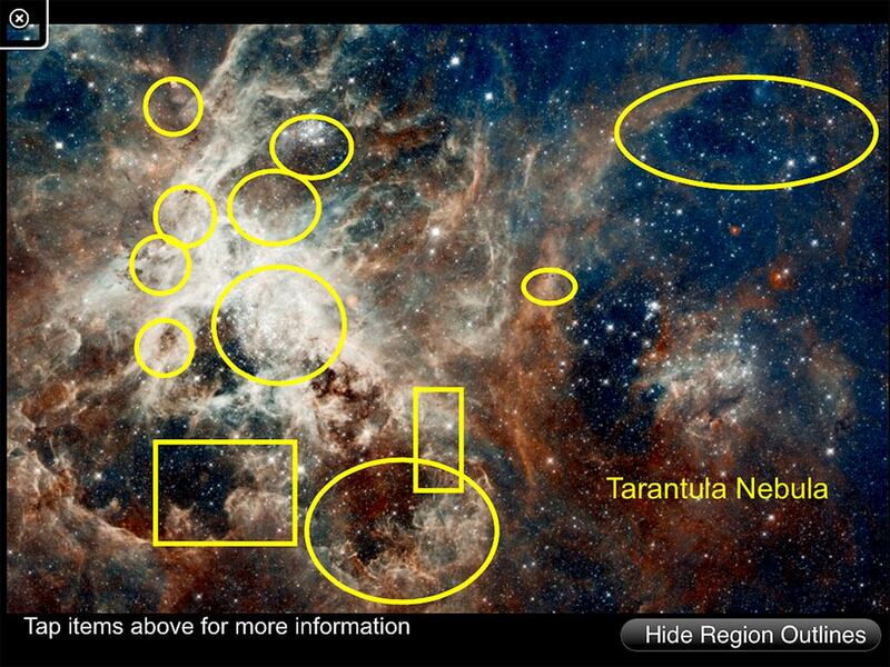 Hubble image of the 30 Doradus Nebula, also known as the Tarantula Nebula. Interesting features such as star clusters and stellar nurseries are highlighted and provide auditory information when touched in the new e-book for students with visual impairments.

Courtesy SAS