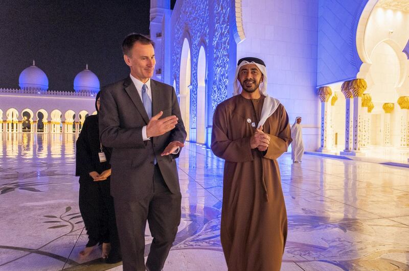   Sheikh Abdullah bin Zayed receives British Foreign Minister Jeremy Hunt. WAM