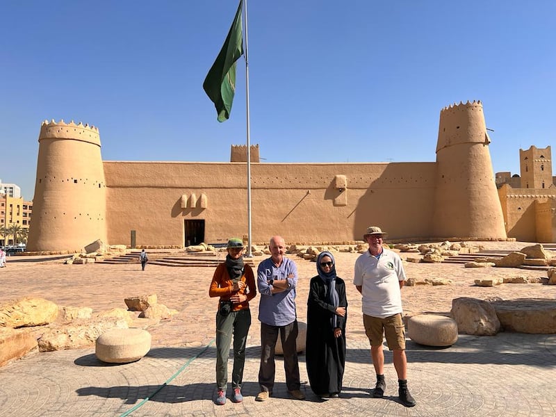 The Heart of Arabia expedition team in front of the Maskmak Fort Museum in Riyadh, the destination of the first leg of their trip