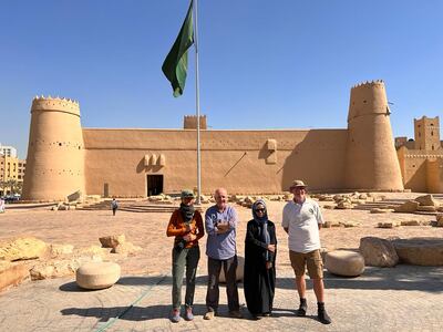 The Heart of Arabia expedition team in front of the Maskmak Fort Museum in Riyadh, the destination of the first leg of their trip. Left to right: Ana-Maria Pavalache, Mark Evans, Reem Philby and Alan Morrissey.