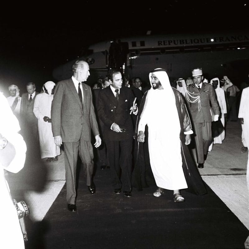 Zaki Nusseibeh, centre, on the red carpet with French president Valéry Giscard d’Estaing and Sheikh Zayed at the start of a state visit in 1980. Al Ittihad