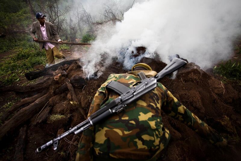 A KWS (Kenya Wildlife Service) rangers and a KWS informant try to destroy a illegal charcoal kilm. Illegal charcoal logging contributed to the deforestation of the Mau Forest. Mau Forest,  June 23, 2009.