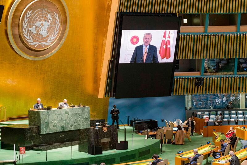 This UN handout photo shows President of of Turkey, Recep Tayyip Erdogan(on screen), as he addresses the general debate of the seventy-fifth session of the United Nations General Assembly, on September 22, 2020 at the UN in New York.  - RESTRICTED TO EDITORIAL USE - MANDATORY CREDIT "AFP PHOTO /UNITED NATIONS/RICK BAJORNAS/HANDOUT " - NO MARKETING - NO ADVERTISING CAMPAIGNS - DISTRIBUTED AS A SERVICE TO CLIENTS
 / AFP / UNITED NATIONS / Rick BAJORNAS / RESTRICTED TO EDITORIAL USE - MANDATORY CREDIT "AFP PHOTO /UNITED NATIONS/RICK BAJORNAS/HANDOUT " - NO MARKETING - NO ADVERTISING CAMPAIGNS - DISTRIBUTED AS A SERVICE TO CLIENTS
