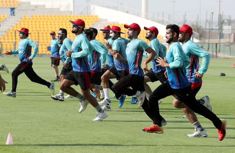 ABU DHABI ,  UNITED ARAB EMIRATES , AUGUST 22 – 2019 :- Members of the Afghanistan cricket team during the training ahead of their tour to Bangladesh at the Zayed Cricket Stadium in Abu Dhabi. ( Pawan Singh / The National ) For Sports. Story by Amith