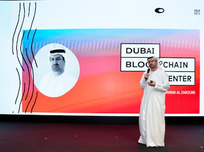 Marwan Alzarouni, chief executive of the Dubai Blockchain Centre, speaking at the Finoverse Arabia conference in Dubai on Sunday. Photo: Finoverse