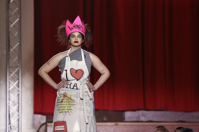 A model wears a creation by designer Vivienne Westwood at the Autumn/Winter 2019 fashion week show in London, Sunday, Feb. 17, 2019.(Photo by Grant Pollard/Invision/AP)