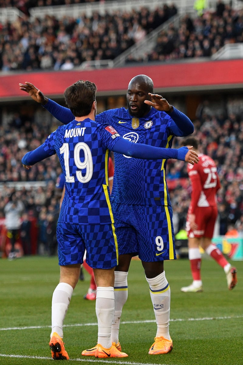 Romelu Lukaku celebrates with Mason Mount after giving Chelsea the lead in the FA Cup clash against Middlesbrough. AFP