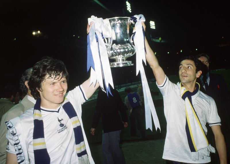 LONDON - MAY 14:  Steve Perryman (left) and Ossie Ardiles (right) of Tottenham Hotspur lift the cup up after the FA Cup Final Replay between Tottenham Hotspur and Manchester City held on May 14, 1981 at Wembley Stadium, in London. Tottenham Hotspur won the match 3-2. (Photo by Getty Images)