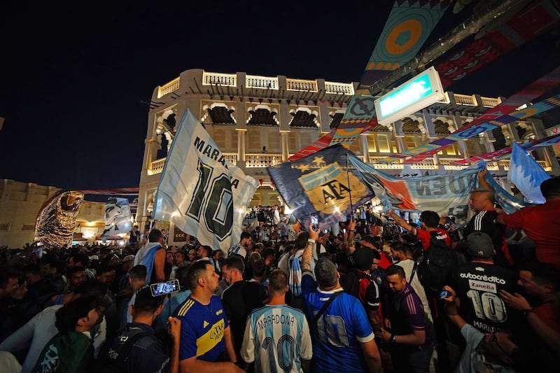Argentina fans pack the Souq Waqif in Doha to mark the second anniversary of Diego Maradona's death. Getty