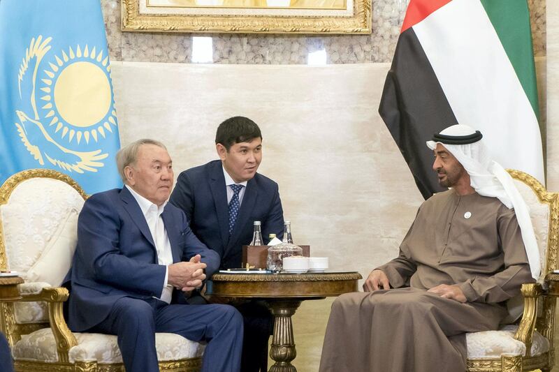 ABU DHABI, UNITED ARAB EMIRATES - March 13, 2019: HH Sheikh Mohamed bin Zayed Al Nahyan, Crown Prince of Abu Dhabi and Deputy Supreme Commander of the UAE Armed Forces (R), meets with HE Nursultan Nazarbayev, President of Kazakhstan (L), at Al Shati Palace. 

( Rashed Al Mansoori / Ministry of Presidential Affairs )
---